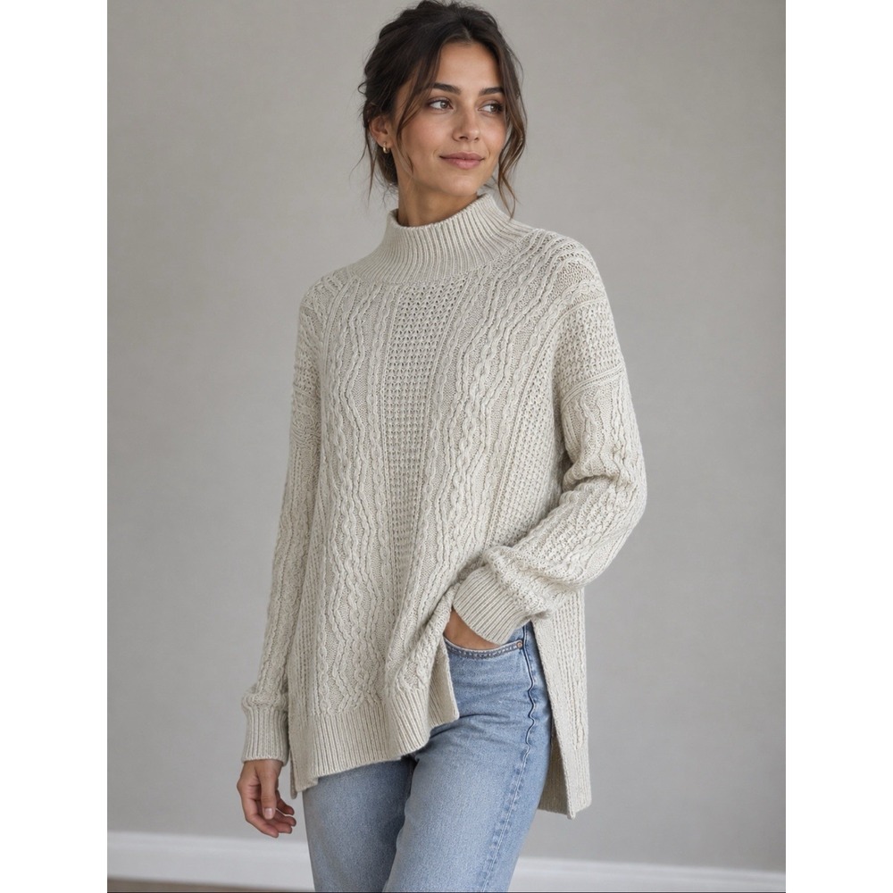 Vince Wool Cashmere Cable Knit Turtleneck Sweater In Beige Women's Size M